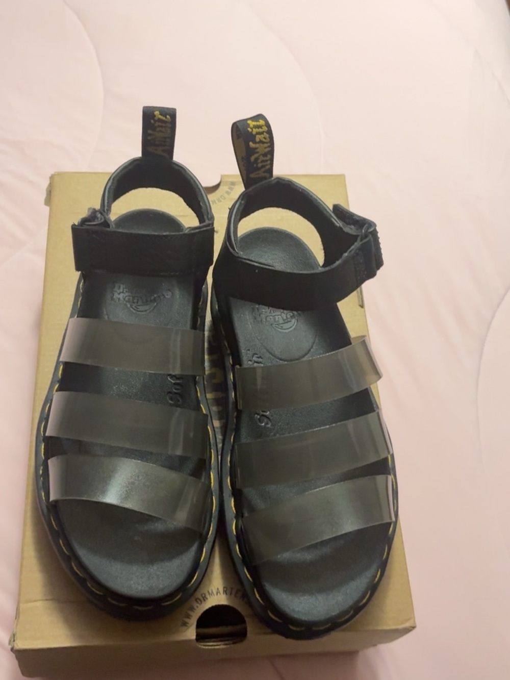 Dr. Martens Kids Black Jelly Strap Sandals with Yellow Heel Loop